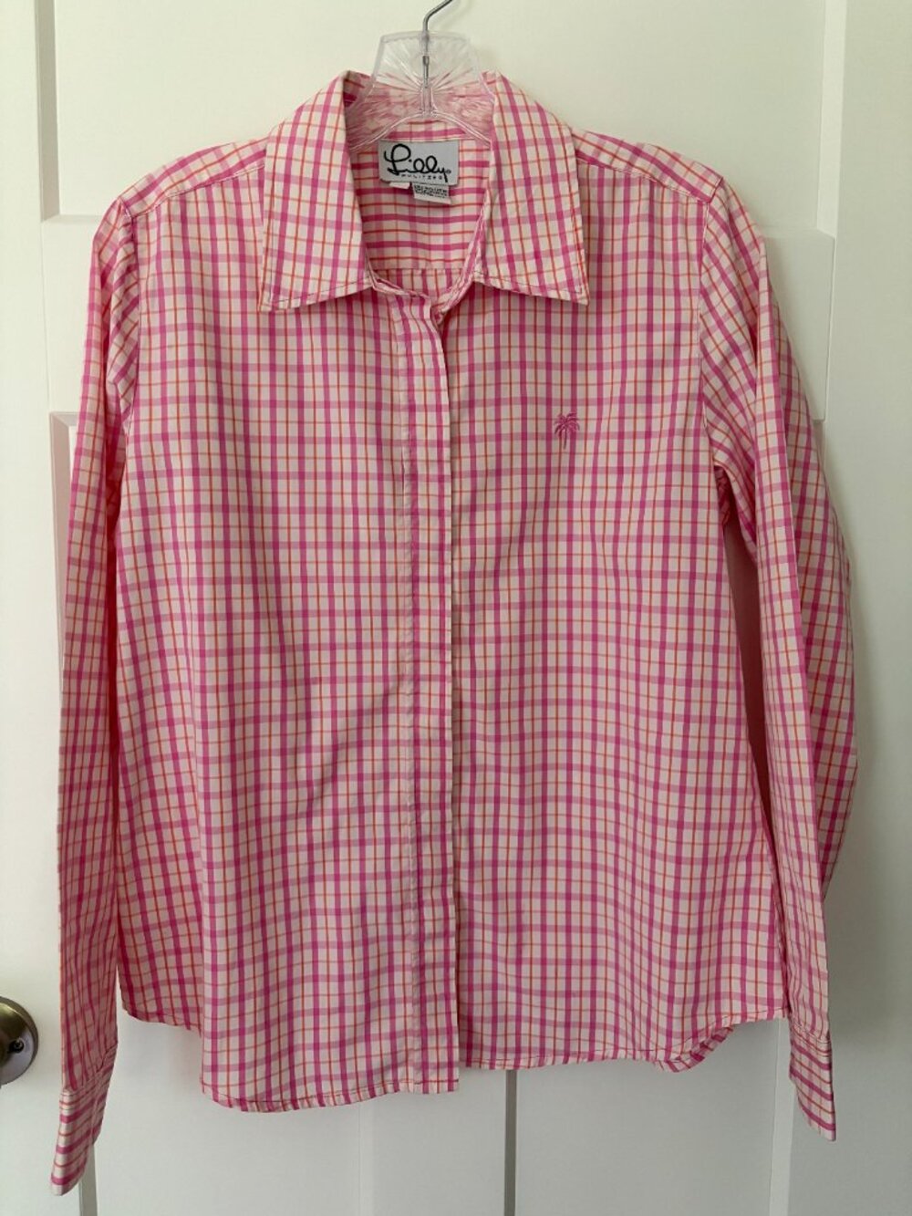 Lilly Pulitzer Women 6 Pink Orange Plaid Button Down Shirt Palm Tree 100% Cotton
